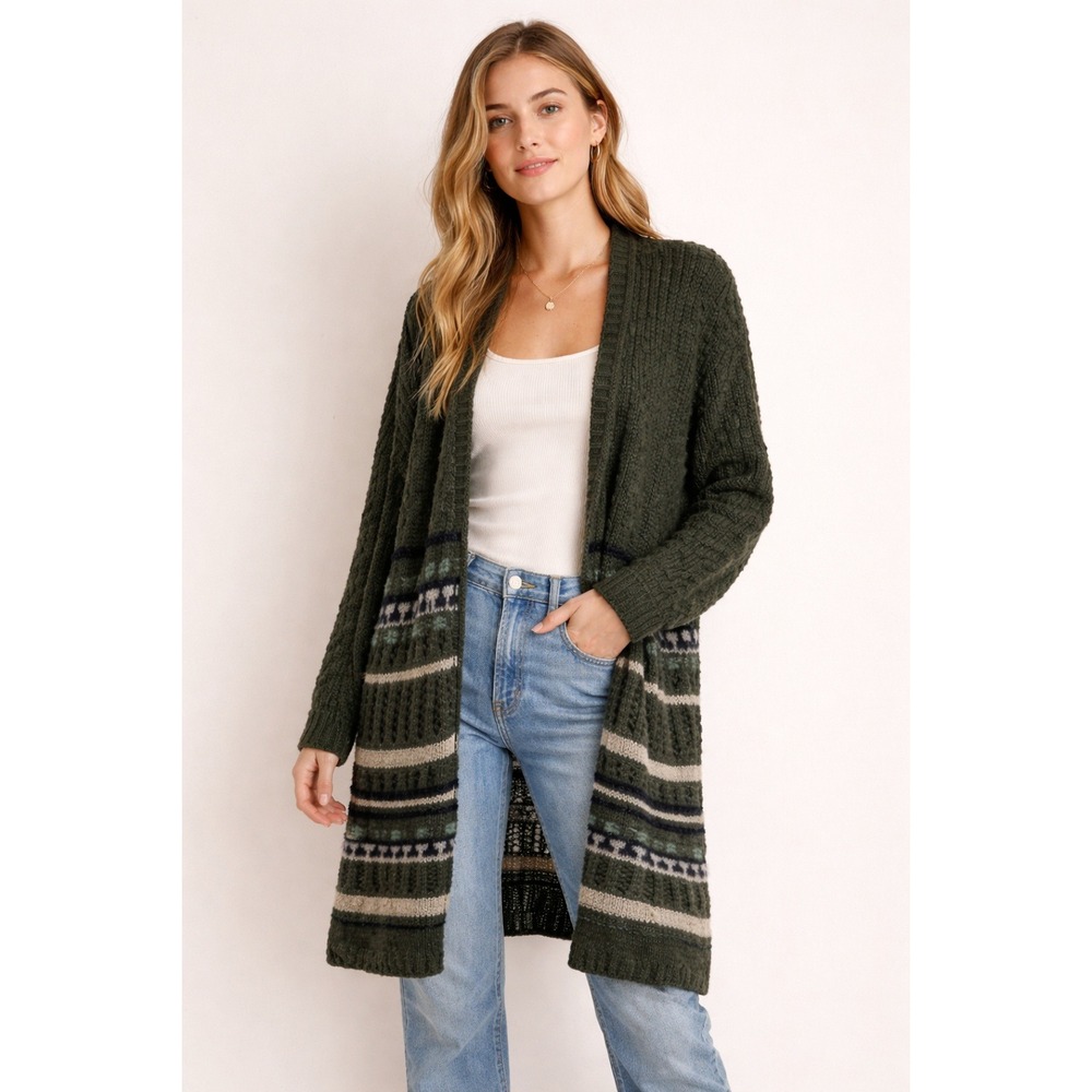 Cottagecore Forest Fairy Long Cardigan XS Green Stripe Knit Boho Festival Grunge